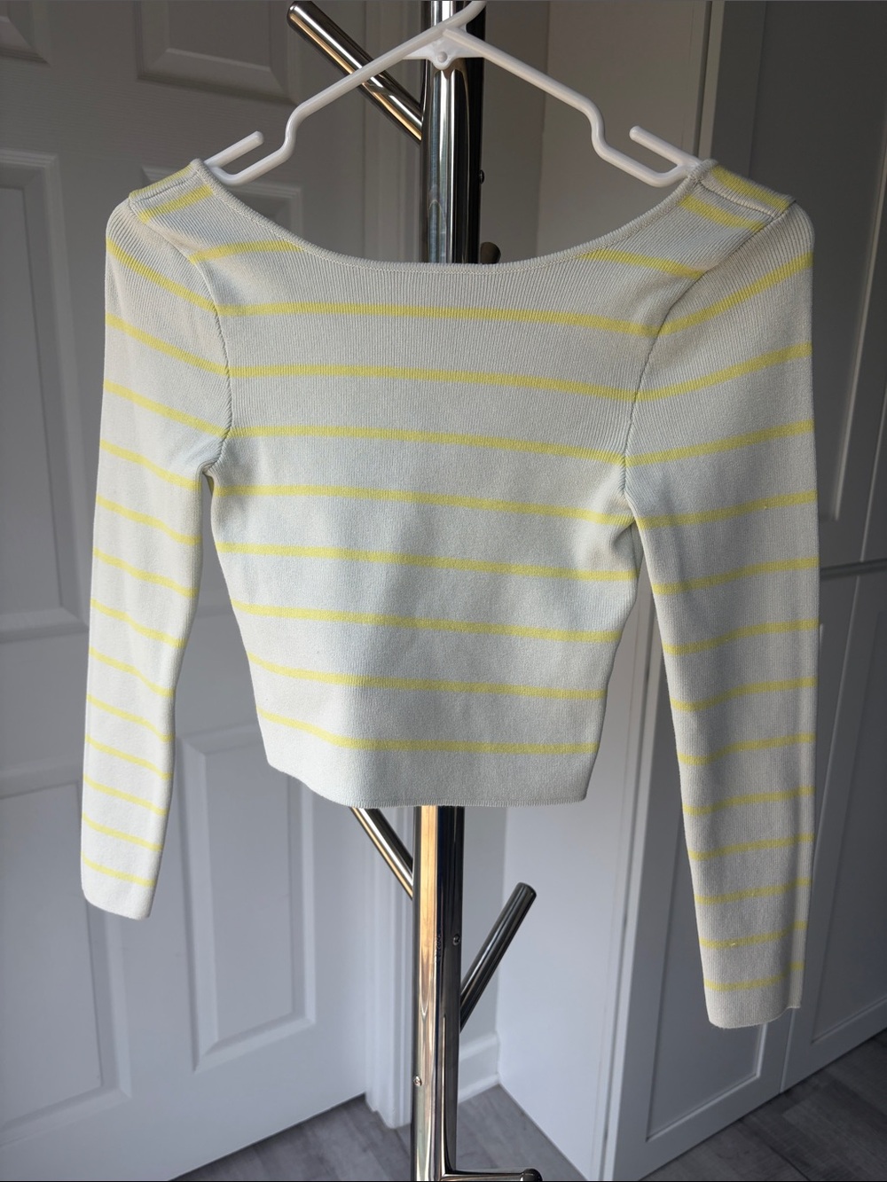 Zara Mint and Yellow Striped Boatneck Long Sleeve Knit Top, Size S.